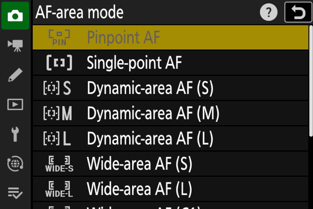 nikon af area menu
