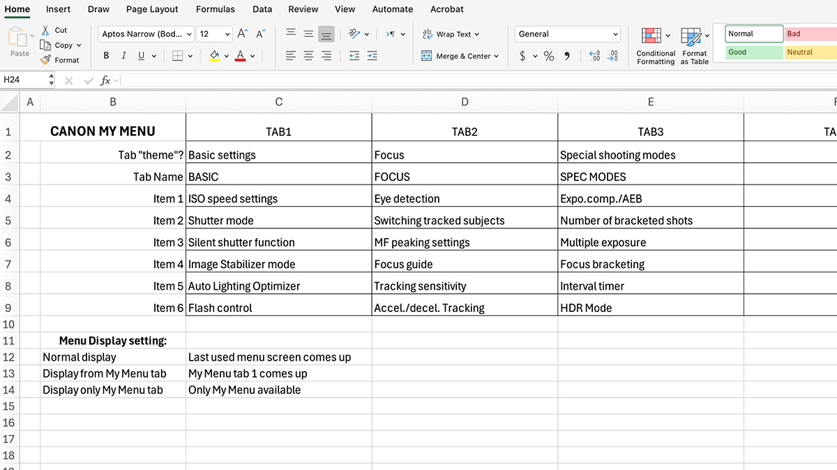 canon my menu spreadsheet