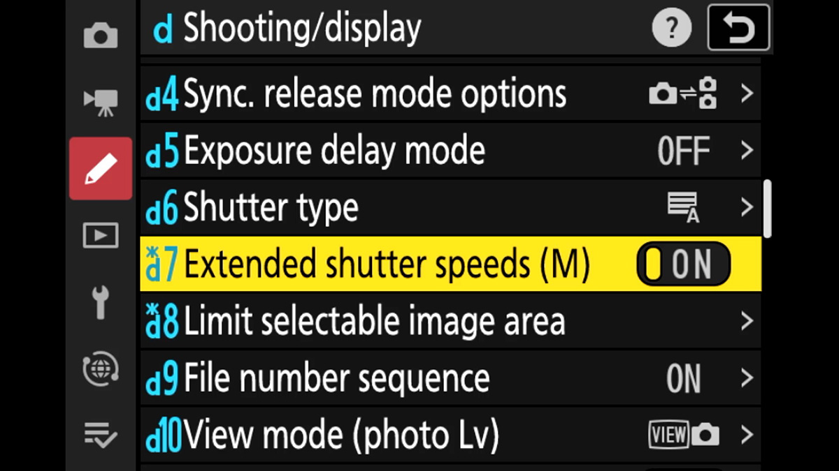 extended shutter speeds setting
